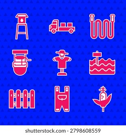 Set Scarecrow, Garden worker clothes, Corn, bed, fence wooden, Well with bucket, hose and Water tower icon. Vector