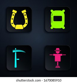 Set Scarecrow, Horseshoe, Scythe and Bag of flour. Black square button. Vector