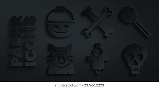 Set Scarecrow, Lollipop, Cat, Skull, Crossed bones and Pumpkin basket for sweets icon. Vector