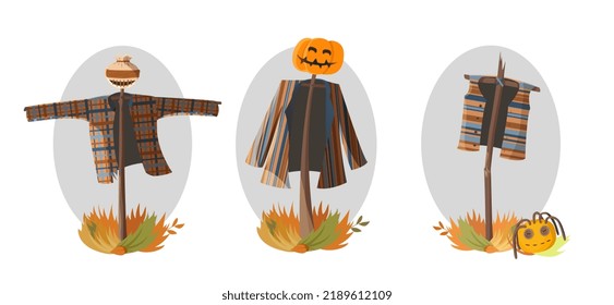 Set of scarecrow on the grass, autumn, Halloween, for cards, stickers, posters, prints, websites, decoration