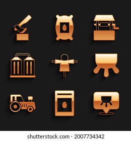 Set Scarecrow, Pack full of seeds of plant, Udder, Tractor, Granary, Well and Wooden axe icon. Vector