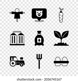 Set Scarecrow, Schweinefleisch, Karotten, Traktor, Garten-Pitchgabel, Hühnerei in Box, Granary und Pack voller Samen von Pflanzensymbol. Vektorgrafik