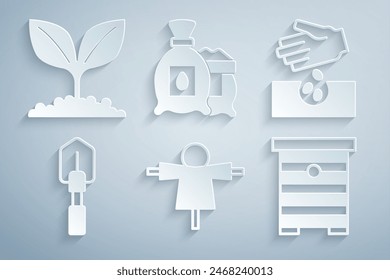 Set Scarecrow, Seeds, Shovel, Hive for bees, Pack full of seeds of plant and Plant icon. Vector