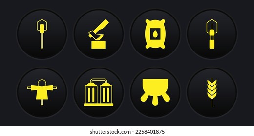 Set Scarecrow, Shovel, Granary, Udder, Pack full of seeds of plant, Wooden axe, Wheat and  icon. Vector
