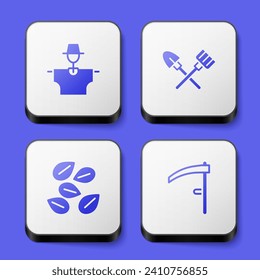 Set Scarecrow, Shovel and rake, Seeds of specific plant and Scythe icon. White square button. Vector