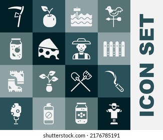 Set Scarecrow, Sickle, Garden fence wooden, bed, Cheese, Jam jar, Scythe and Farmer in hat icon. Vector