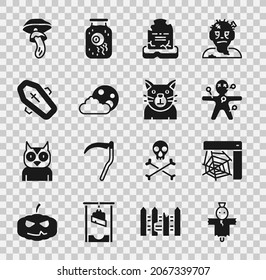 Set Scarecrow, Spider web, Voodoo doll, Tombstone with RIP written, Moon and stars, Coffin cross, Psilocybin mushroom and Cat icon. Vector