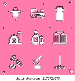 Set Scarecrow, Tractor, Can container for milk, Farm house, Pack full of seeds of plant, Granary, Seeds and Wooden axe icon. Vector