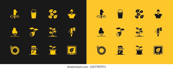 Set Scarecrow, Well, Sprout, Plant in pot, Seeds of specific plant, Rooster weather vane and Bucket icon. Vector