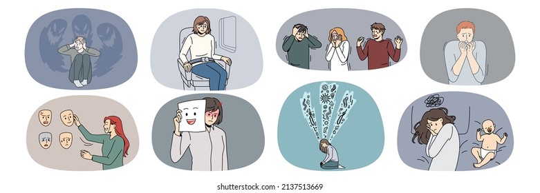 Set of scared diverse people feel terrified suffer from panic attack. Collection of men and women struggle with anxiety and fear, have psychological mental problems. Vector illustration. 