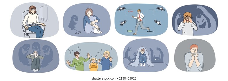 Set of scared diverse people suffer from paranoid fear. Collection of men and women feel frightened and terrified, have panic attack or anxiety. Emotion control problem. Vector illustration. 