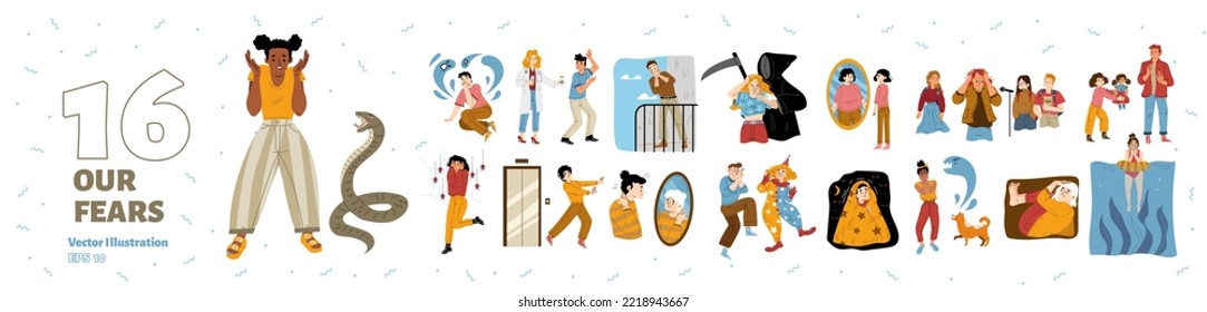 Set of scared people suffering phobias. Male, female characters afraid of death, ghosts, height, darkness, spiders, enclosed space, speaking in public. Psychological problem. Flat vector illustration