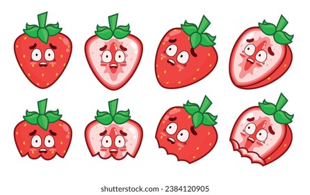 Set of scared strawberries. Animated fruit character. Whole strawberries, halves, and bitten ones.