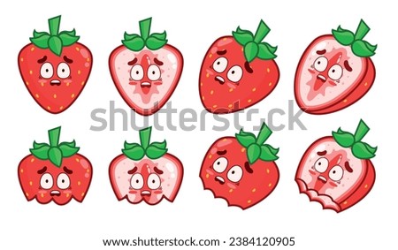 Set of scared strawberries. Animated fruit character. Whole strawberries, halves, and bitten ones.