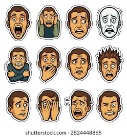 Set of scared and terrified face stickers.