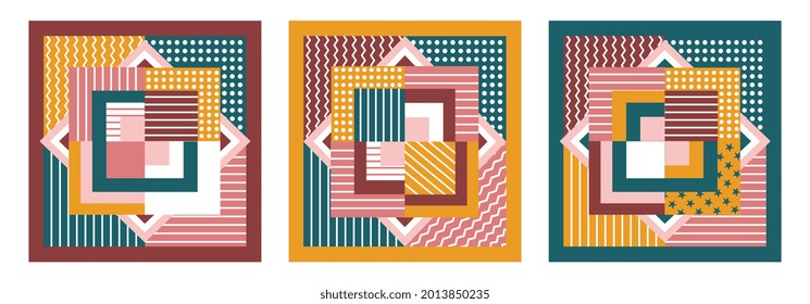 Set of scarf designs made with the reflection of geometric formation. Concept of hipster colorful design for scarf pattern. Flat cartoon vector illustration