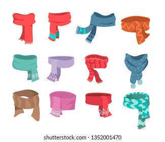 Set of scarfs in cartoon style for autumn and winter. Cozy seasonal clothing collection. Knitted scarf set isolated on white background. Vector clothing in trendy style.