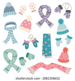 Set of scarfs, mittens, gloves and hats. Cute winter warm knitted clothes. Accessories with different ornament. 
