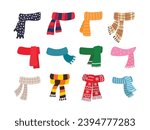 Set of scarves for boys and girls in cold weather. Stylish scarves on white background. Clothes for winter and autumn. Blue, red, green, yellow, brown, white and striped scarves.