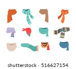 Set of scarves for boys and girls in cold weather. Stylish scarves on white background. Clothes for winter and autumn. Blue, red, brown, violet, brown, white and striped scarves. Vector illustration.