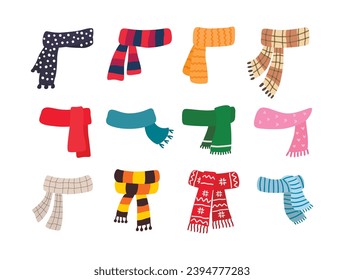 Set of scarves for boys and girls in cold weather. Stylish scarves on white background. Clothes for winter and autumn. Blue, red, green, yellow, brown, white and striped scarves.