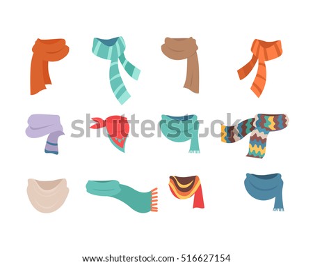 Set of scarves for boys and girls in cold weather. Stylish scarves on white background. Clothes for winter and autumn. Blue, red, brown, violet, brown, white and striped scarves. Vector illustration. Сток-фото © 