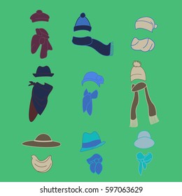 Set of scarves and hats for boys girls in cold weather on white background Clothes for winter and autumn Vector