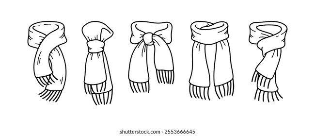 Set of scarves tied in different method. Woolen warm clothes for winter and autumn. Hand drawn doodle vector illustration. Cozy seasonal home wardrobe. Simple icon for social media, app, web design.