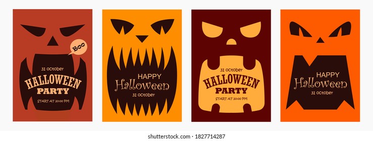 Set of scary banners for Halloween. Templates for posters, cards, flyers, brochures. Monsters, pumpkins, fangs. Flat design.  Space for text. Vector illustration