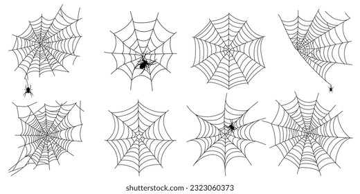 Set of scary black spider web isolated on white. Spooky halloween decoration. Outline cobweb. Decorative element for your design: holiday poster for party, invitation card, sale. Vector illustration
