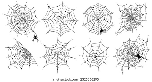 Set of scary black spider web isolated on white. Spooky halloween decoration. Outline cobweb. Decorative element for your design: holiday poster for party, invitation card, sale. Vector illustration