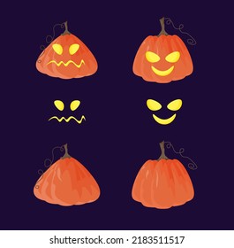 Set of scary carved Halloween pumpkins with a creepy face, Jack-o-lantern, Halloween holiday symbol symbols. Collection of vector illustrations for holiday decor, postcards, invitations, banner