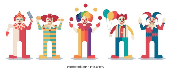 Set of scary clowns smiley, creepy,  spooky, horror faces with different hair color and clothes with hat, balloons, knife, wooden club, juggling balls Halloween theme. cartoon flat vector illustration