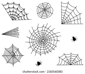 a set of scary cobwebs with spiders on a white background. Vector