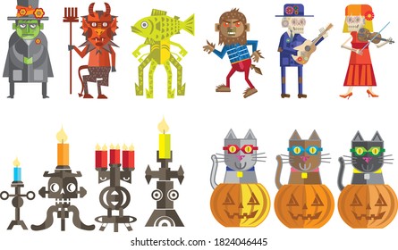 a set of scary cute halloween characters  and spooky holiday elements