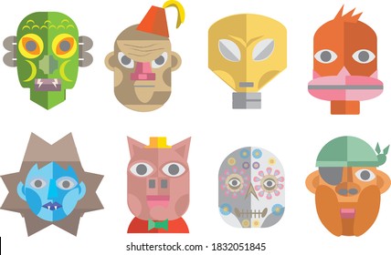 a set of scary and cute halloween characters based on vintage creepy masks