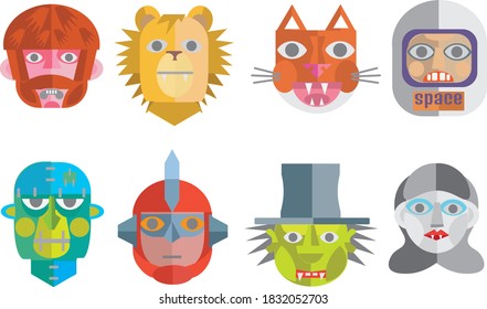 a set of scary and cute halloween characters based on vintage creepy masks