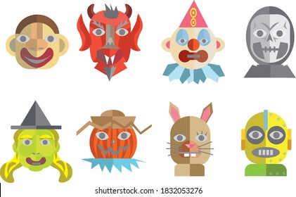 a set of scary and cute halloween characters based on vintage creepy masks	
