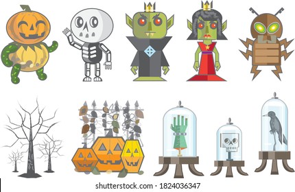 set of scary cute halloween scenes