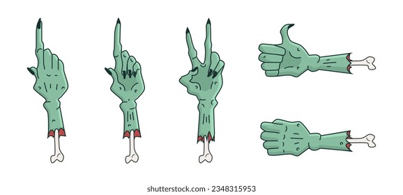 Set of scary dead hands of a zombie, Halloween holiday decoration in a funny cartoon style, hands showing directions and approval, zombie detached hands vector drawings.