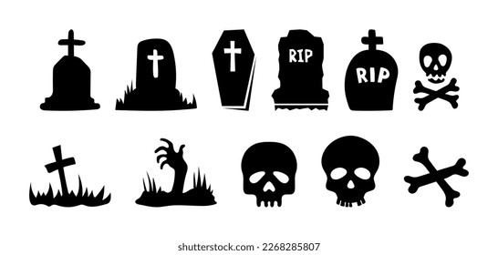 Set scary decorative elements, isolated on white background. Vector illustration, traditional Halloween icons - grave, cross and coffin. Halloween black silhouettes  - skull with crossbones.