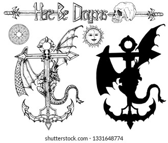 Set with scary detailed dragon sitting on ancient anchor, compass and silhouette. Vector sketch of tattoo fantasy concept, logo and t-shirt design. Graphic line art illustration