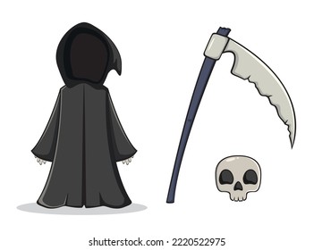 Set of scary elements for Halloween. Cute little ghost in a black cape with a hood, scythe and skull, isolated on a white background. Illustration is for holiday, children's clothing design, banners