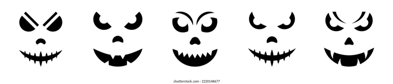 Set of scary face vector icons. Halloween ghost. Horror face. Spooky monster. Nightmare mask. Halloween pumpkin skull. 