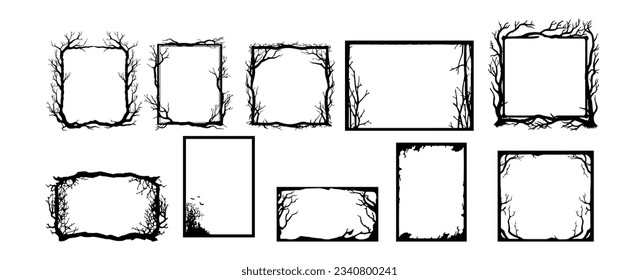 Set of scary frame border silhouette isolated on white backgrounf for Halloween day. Collection of halloween frame decoration vector illustration