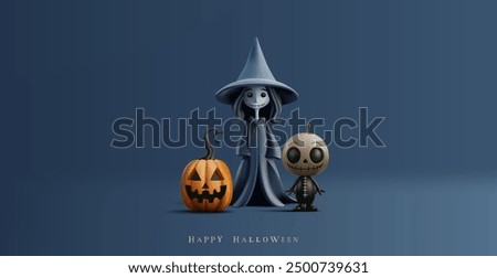 A set of scary, funny characters, a pumpkin, a witch, a doll, party 3D. For happy Halloween celebration concepts. Banner for designs, and discounts. Vector illustration.