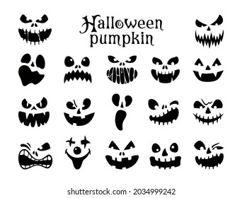 Set of scary and funny faces of Halloween pumpkin isolated on white background. Halloween Masks. Smiling faces. Pumpkin smile. Vector. 