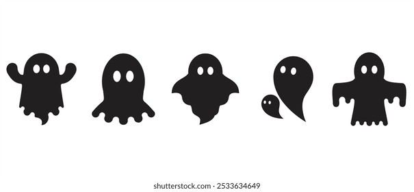 Conjunto de fantasmas aterradores y divertidos con caras, Elementos decorativos tradicionales de halloween. Personaje fantasma de Halloween, colección Clipart de miedo de la fiesta de octubre, fondo transparente de Ilustración vectorial fantasma.