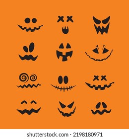 Set of scary and funny Halloween pumpkin or ghost faces isolated on orange background. Vector collection.