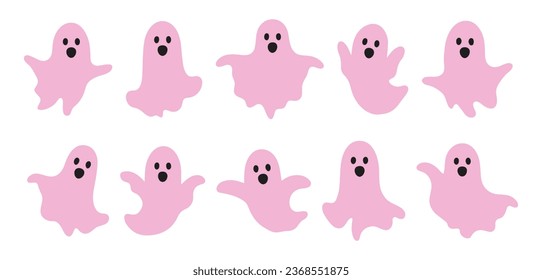 Set scary and funny pink ghosts with faces, isolated on white background. Vector illustration, traditional Halloween decorative elements. Halloween silhouettes pink ghost character - for design decor.